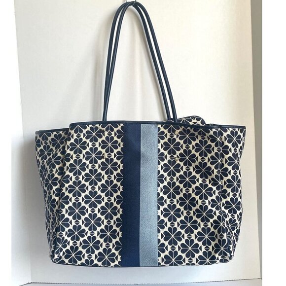 Kate Spade Everything Tote Large Flower Jacquard Stripe Blue Wristlet Adjustable - Picture 7 of 11